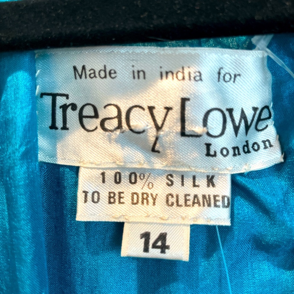 TREACY LOWE LONDON vintage 70s BLUE silk smocked peasant DRESS BOHO chic LARGE - Picture 9 of 9
